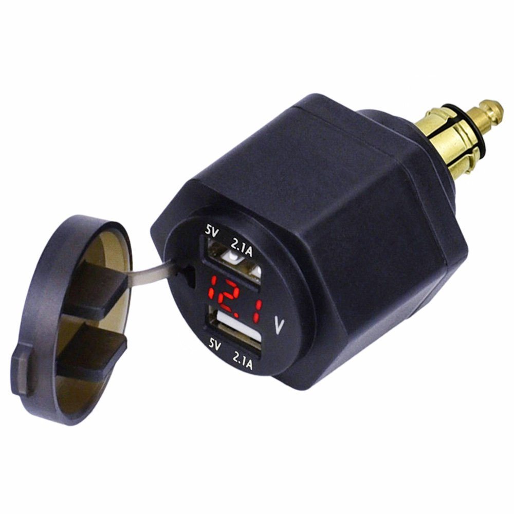 Dual USB Charger 4.2A Adapter Blue LED Voltmeter with Powerlet DIN Hella Plug for Motorcycle