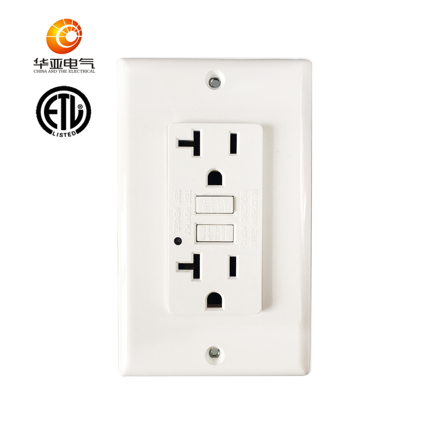 Huaya American High Quality 20A, 125V Without Tamper Resistant and Weather Resistant GFCI Socket with LED Light Indicator, GFCI Outlet, ETL Listed, White
