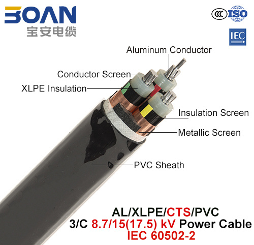 Al/XLPE/Cts/PVC, Power Cable, 8.7/15 (17.5) Kv, 3/C (IEC 60502-2)