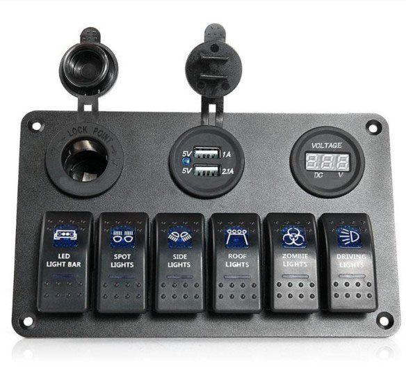 6 Gang LED Car Boat Rocker Switch Panel 2 USB Socket Cigaretter Plug Voltmeter Car Auto Switches LED Switch USB Rocker Switch