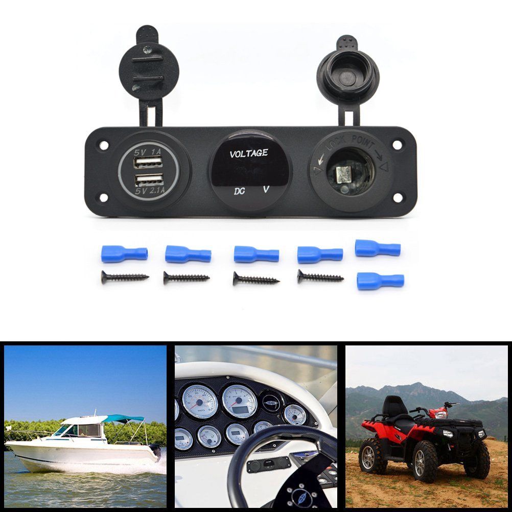 Triple Function Dual USB Charger + Voltmeter + 12V Outlet Socket Panel