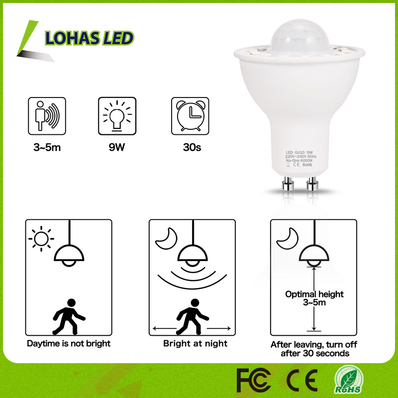 Warm White Daylight GU10 5W LED Spotlight Motion Sensor LED Light Bulb