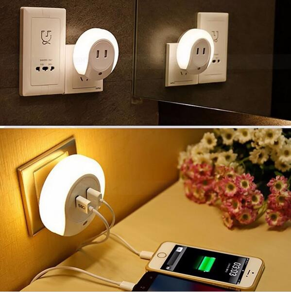 Dual USB Charger Socket LED Night Light Small Sensor Light