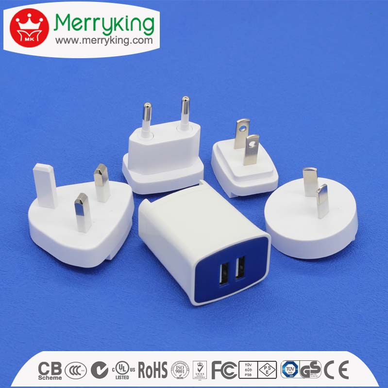 Dual USB Ports 5V 2A Interchangeable Plug Travel Charger