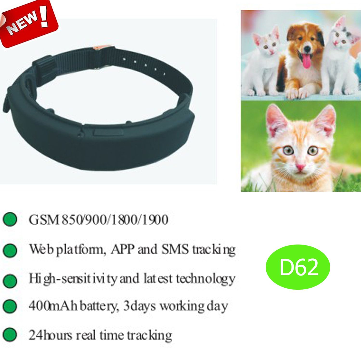Pets Tracker GPS with 24 Hours Real Time Positioning (D62)