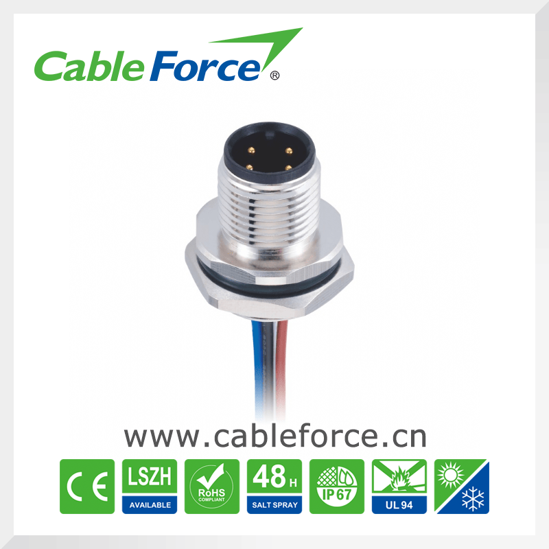 M12 4pin Male Circular Connector Panel Mount Connector Rear Fastened Waterproof Wire Connector