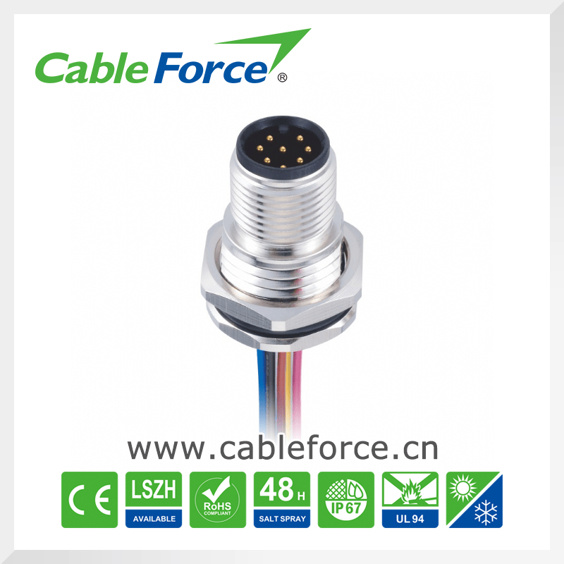 M12 8 Pin Male Panel Mount Connector for Factory Automation with Wire