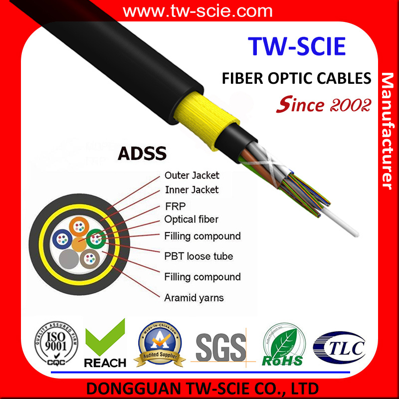 ADSS 6/8/12/24/48/72/96/144 Core Span 150m Fiber Optic Cable