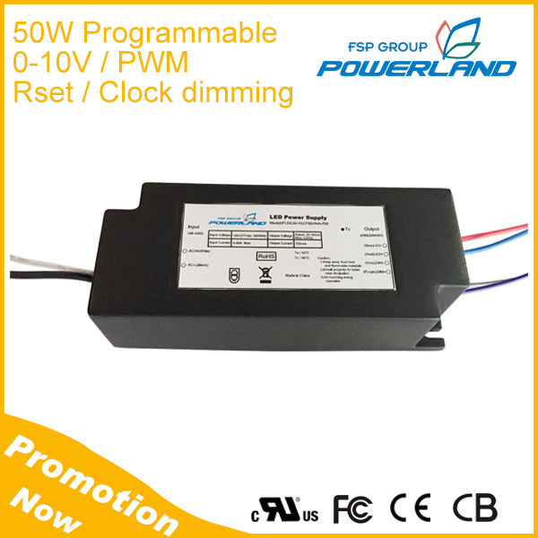 UL Listed Programmable 50W 1400mA LED Driver with 0-10V/ PWM /Rset /Clock Dimming