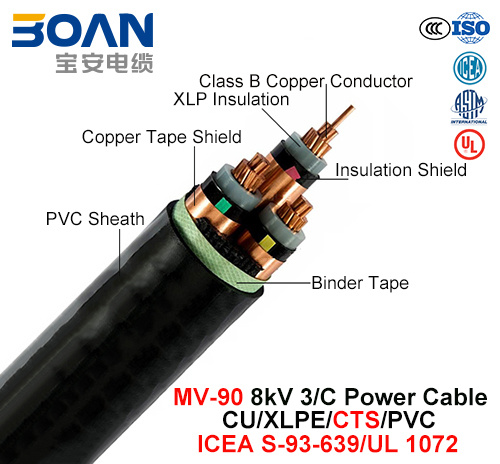 Mv-90, Power Cable, 8 Kv, 3/C, Cu/XLPE/Cts/PVC (ICEA S-93-639/NEMA WC71/UL 1072)