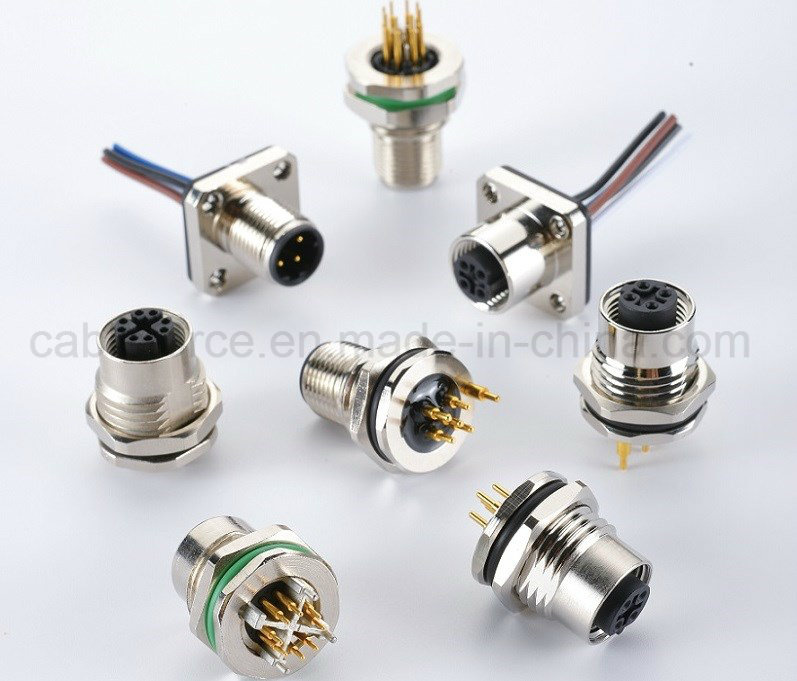 M12 3pin Male Connector Front Fastened Panel Mount Socket with PCB Contacts for Sensor and Actuator