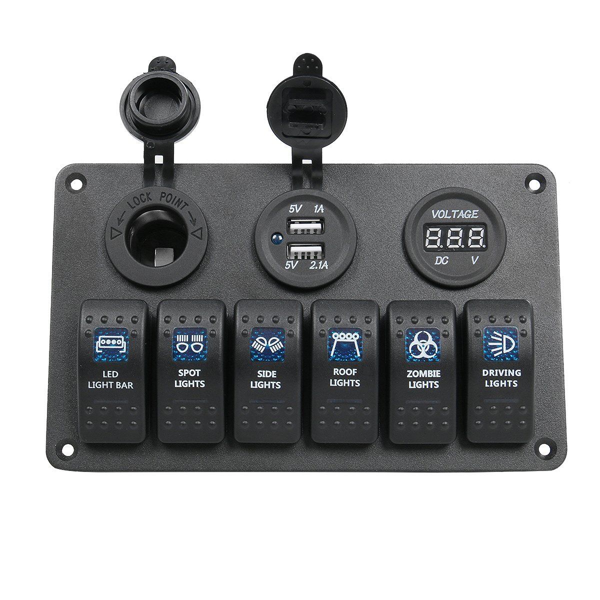 Boat Car Marine Switch Panel 6 Gang, LED Rocker Blank Switch Panel with Circuit Breakers&Digital Voltmeter+12V Cigarette Socket & USB Power Charger