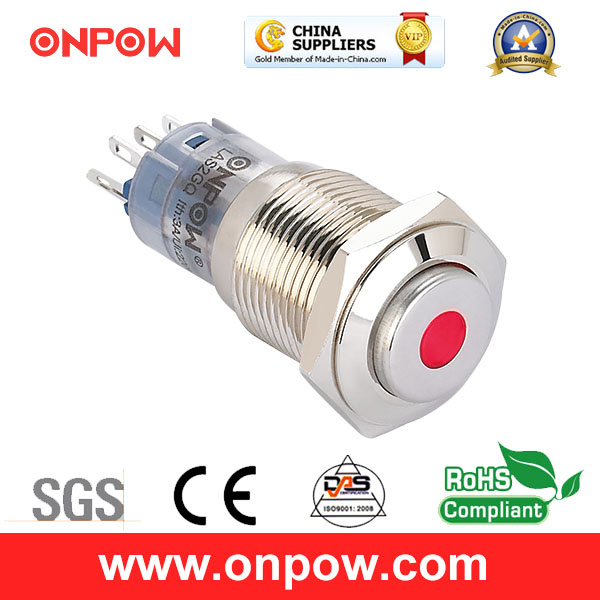 Onpow 16mm Illuminated Metal Pushbutton Switch (LAS2GQH-11D/R/12V/N, CE, CCC, RoHS Compliant)