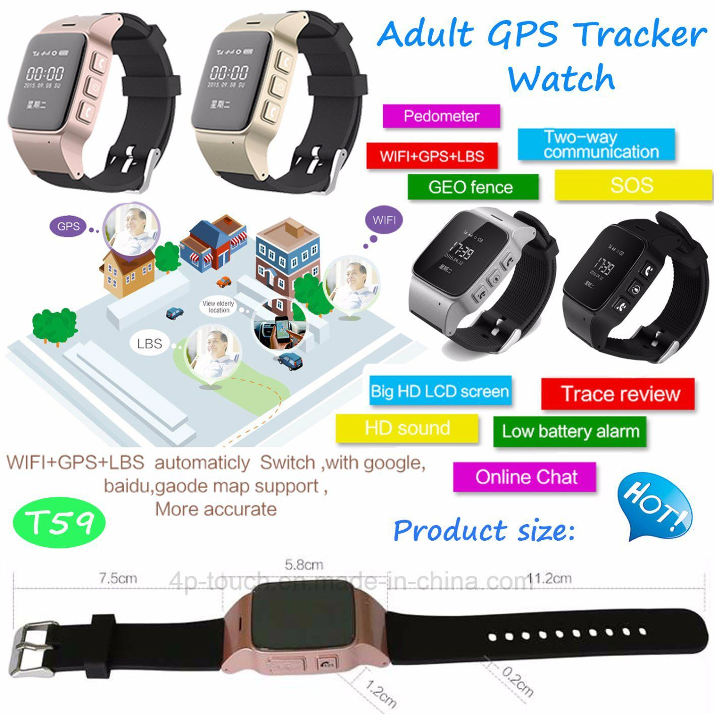 Newest Adult GPS Tracker Watch with Phone APP Monitoring (T59)