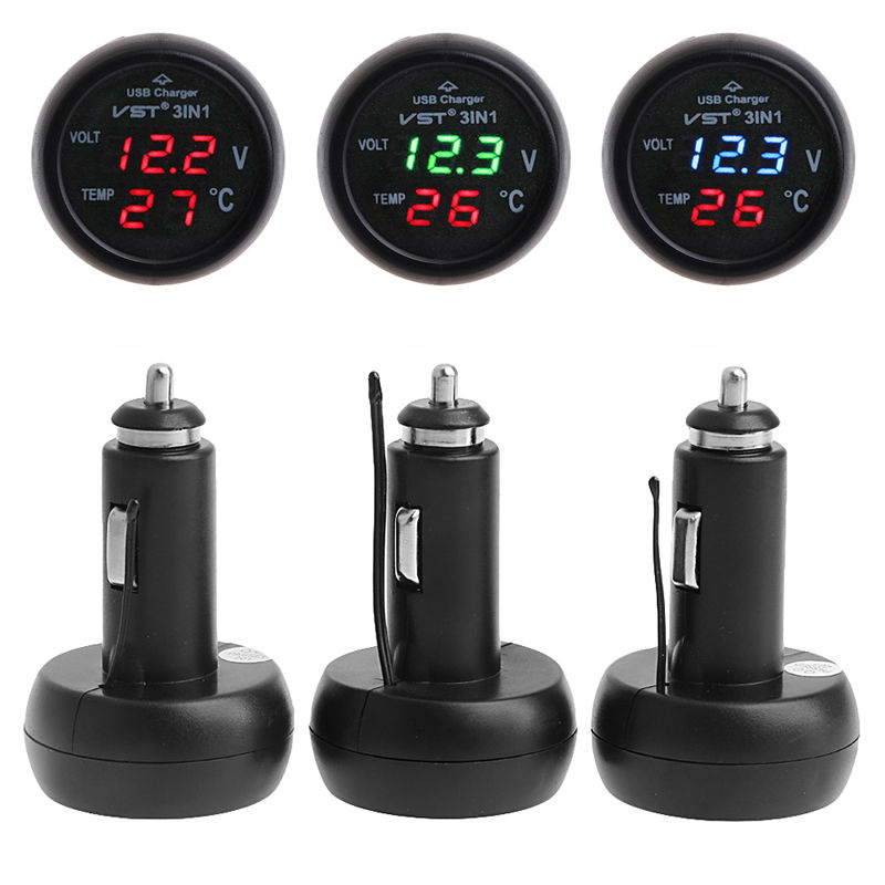 12V/24V 3 In1 Car Auto Digital LED Thermometer USB Charger Cigarette Voltmeter