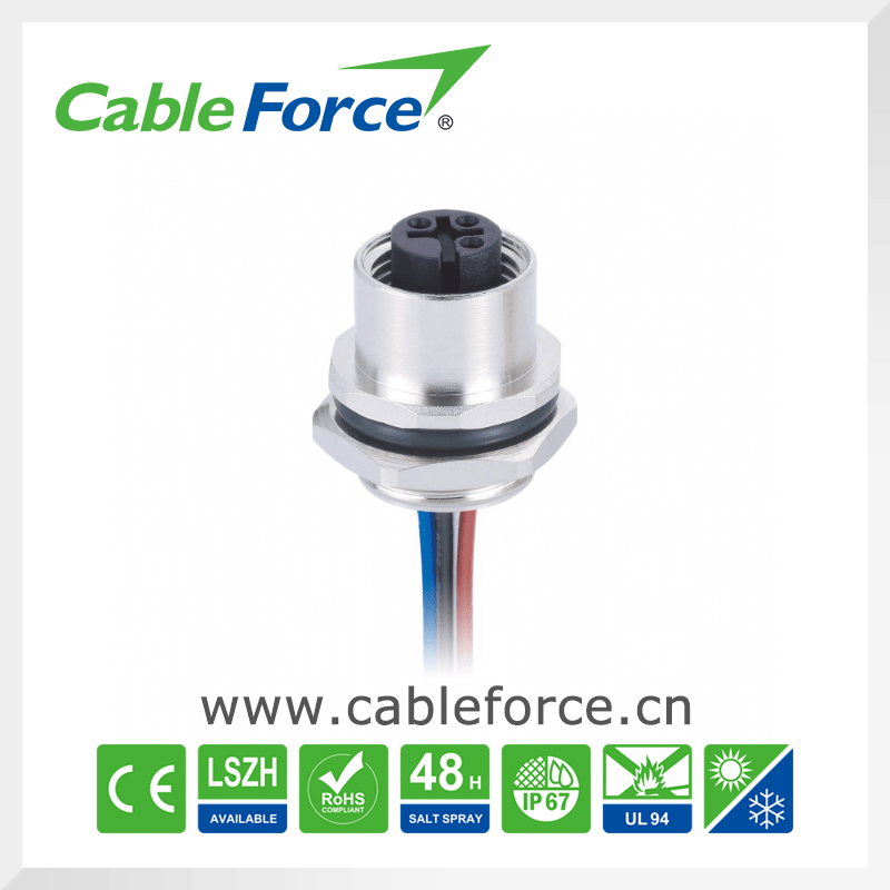 M12 3pin Female Waterproof Wire Connector Circular Panel Mount Connector