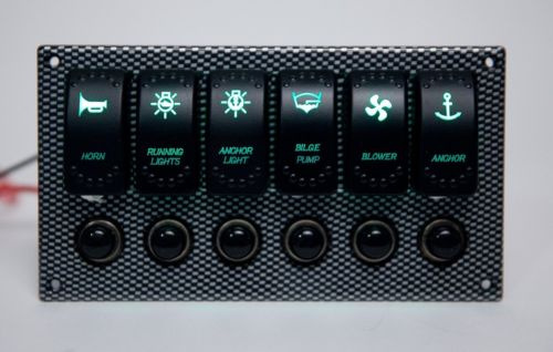 6 Gang Laser Etched 2 LED Rocker & Circuit Breaker Marine Boat RV Switch Panel