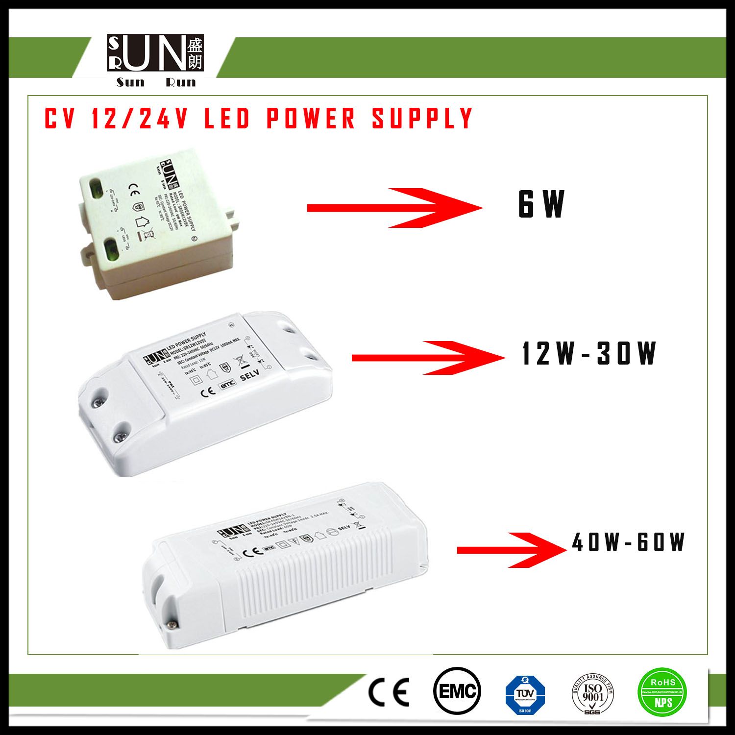 Ce 3W 6W 12W 30W 40W 60W High PF 12V 24V Voltage Regulator