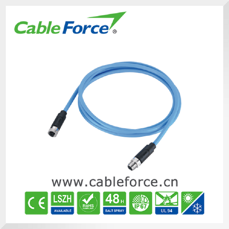 M12 8pin X-Code Male to Female Molded Cable Connector for Factory Automation