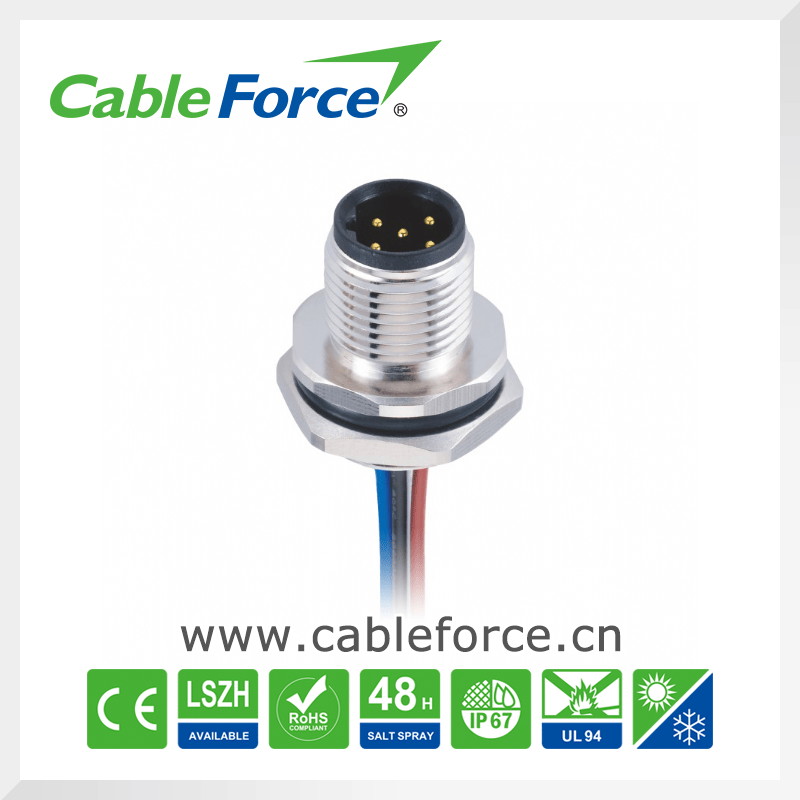 M12 5 Pin B-Code Male Panel Mount Connector for Sensor with Wires