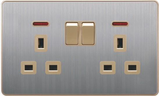 British Standard Stainless Double 13A Square-Pinned Switched Socket with Neon