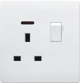 British Standard White 13A Square-Pinned Switched Socket with Neon