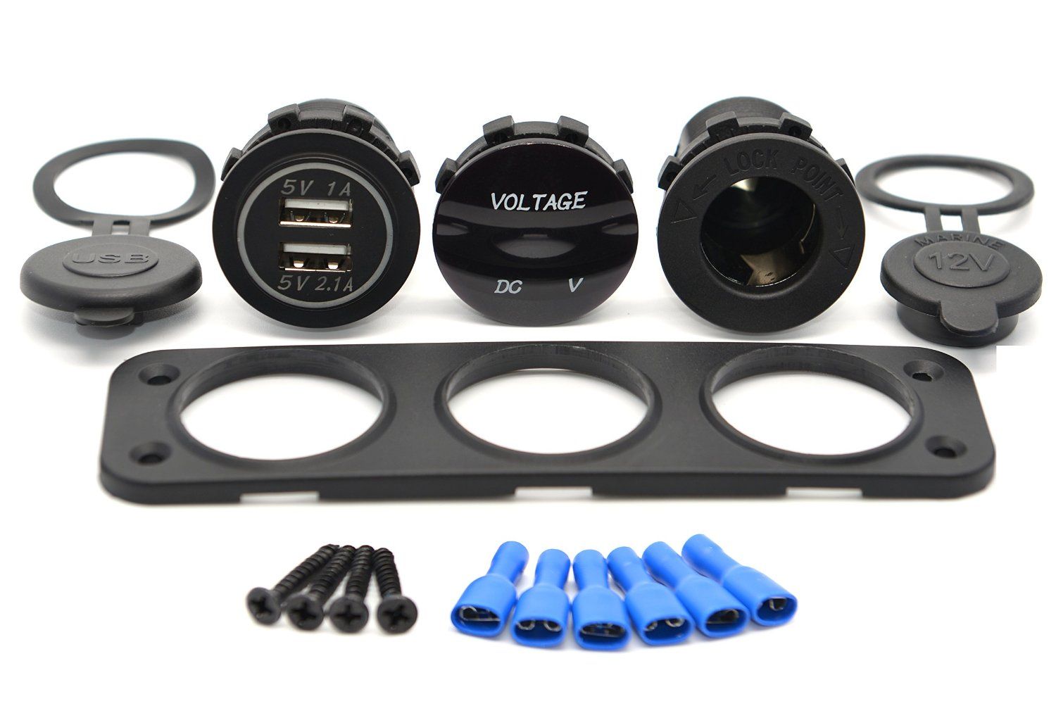 Waterproof Three Hole Panel DC12V Power Socket Dual USB 2 Port Car DC Volt Digital Voltmeter