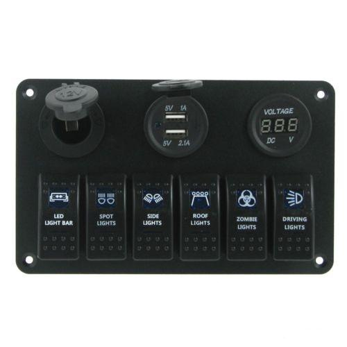 6 Gang LED Car Rocker Switch Panel 2 USB Socket Power Plug Charger Voltmeter
