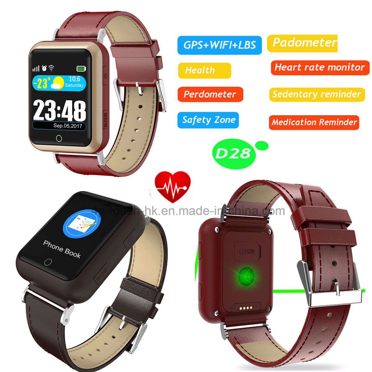 Sos Button GPS Tracker Watch with Heart Rate Monitor D28