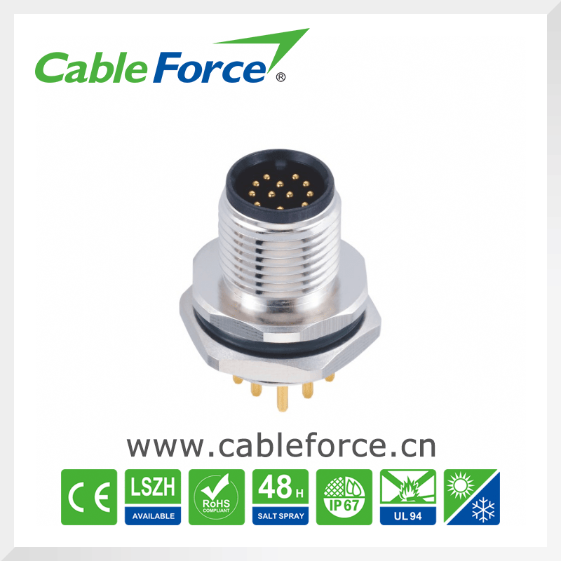 12pin M12 Male Panel Mount Connector IP67 Waterproof Connector with PCB Contacts