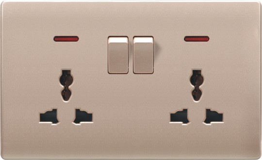 British Standard Golden Double Switched Socket Outlet with Neon
