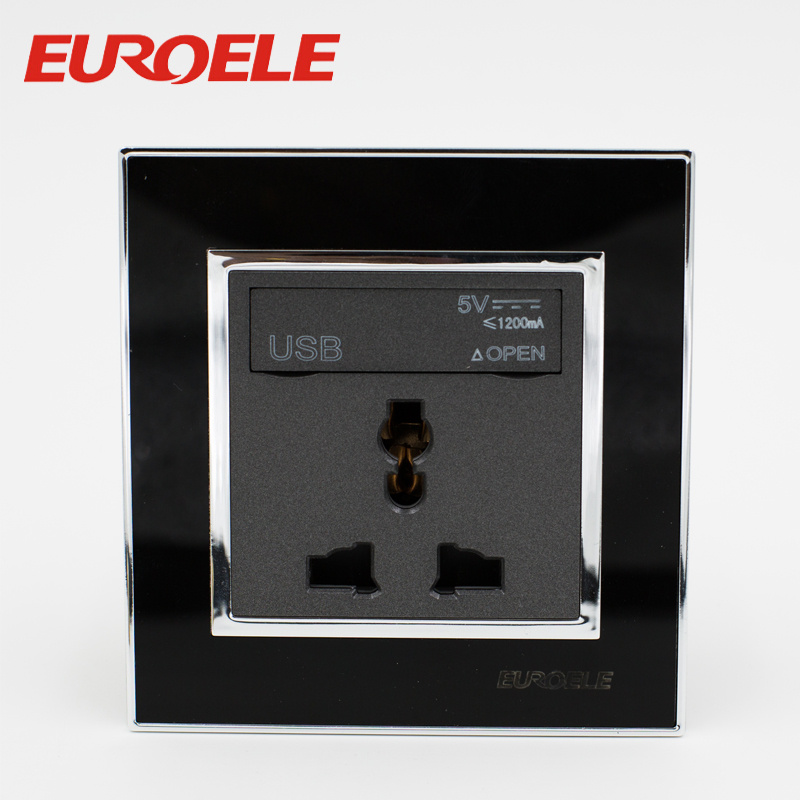 acrylic Black 250V/13A 86mm Wall Socket with USB Port