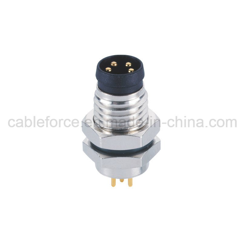 M8 4pin Male Panel Mount Connector with PCB Contacts Front Fastened