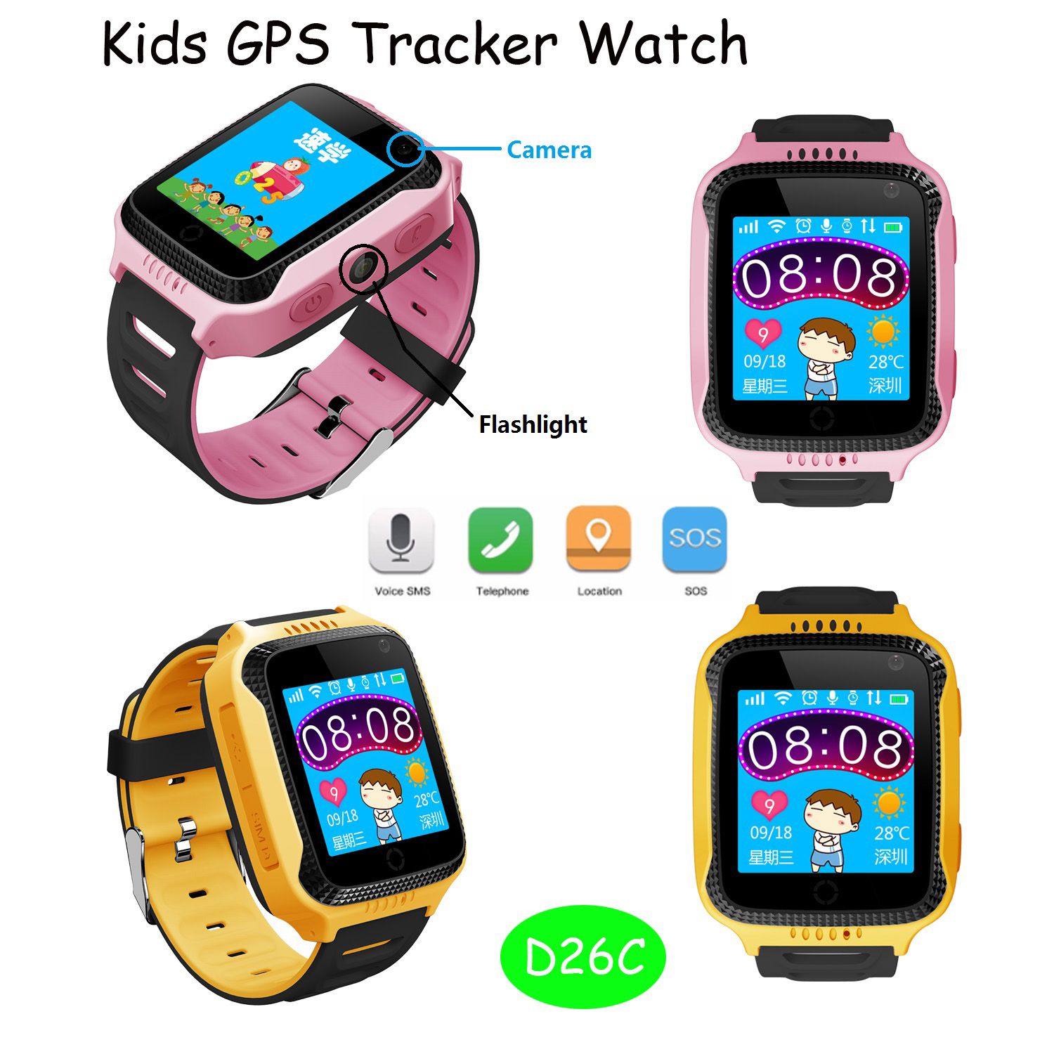 New Hot Selling GPS Tracker Watch with Camera and Flashlight