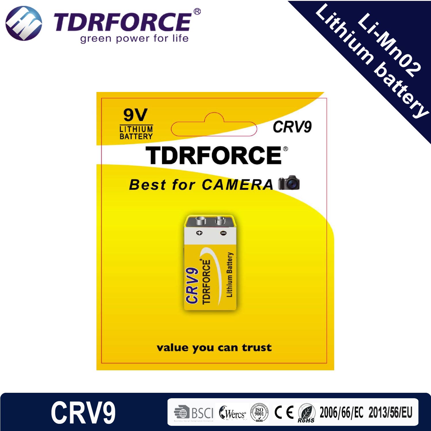 9V 5 Years Shelf Life Low Self Dicharge China Fatory Lithium Li-Mno2 Battery (CR9V)