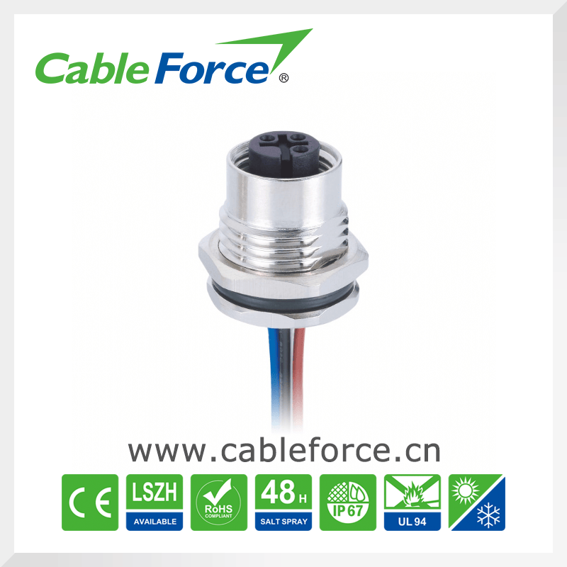 M12 3 Pin Female Straight Front Fastened Panel Mount Connector for Sensor with CNC Screw