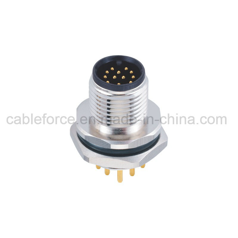 M12 12 Pin Male Rear Mounting Connector for Sensor and Actuator with PCB Contacts
