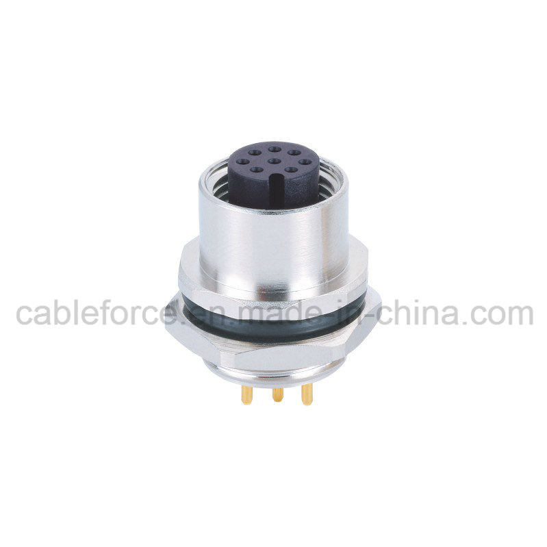 M12 8 Pin Female Panel Mount Connector for Labeling and Logistic Devices with PCB Contacts Rear Fastened