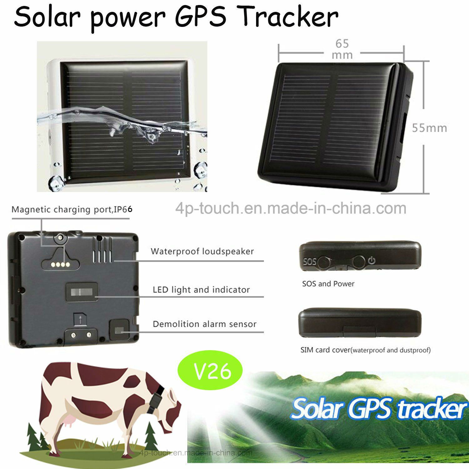 Animal GPS Tracker with Solar Power Charging (V26)
