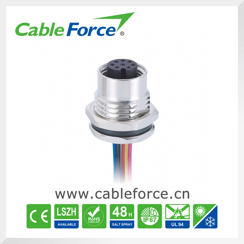 M12 8pin Female Panel Mount Connector Front Fastened Circular Connector with Wires
