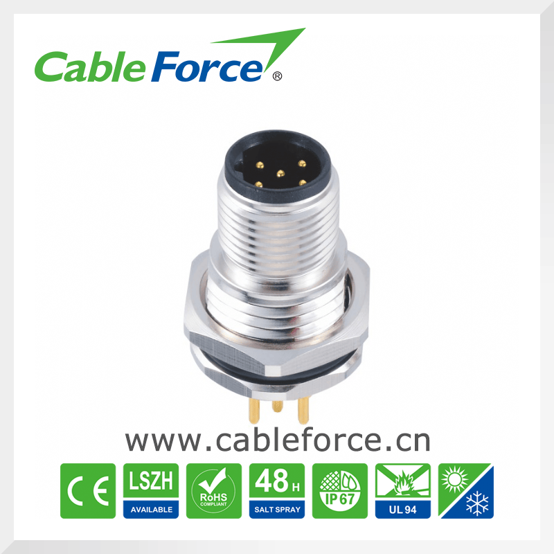 M12 5pin Male Panel Mount Connector Rear Fastened Connector with PCB Contacts