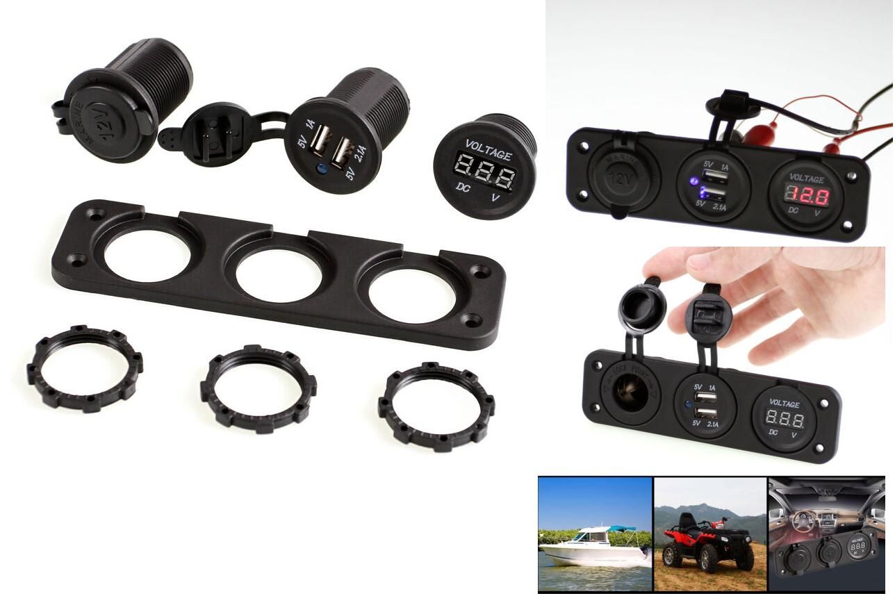 12V/24V Car Cigarette Lighter Socket, Dual USB Charger Socket, Digital Voltmeter