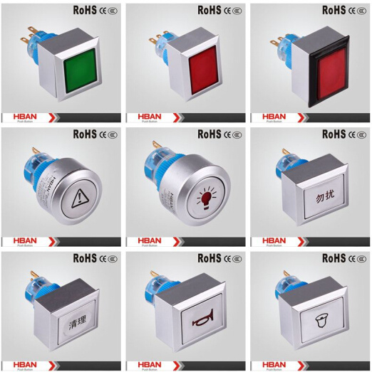 Ce RoHS 22mm Square Head Illuminated Momentary Latching Push Button Switch