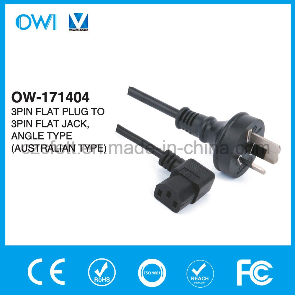3pin Flat Plug to 3pin Flat Jack Power Cord, Angle Type, Australian Type