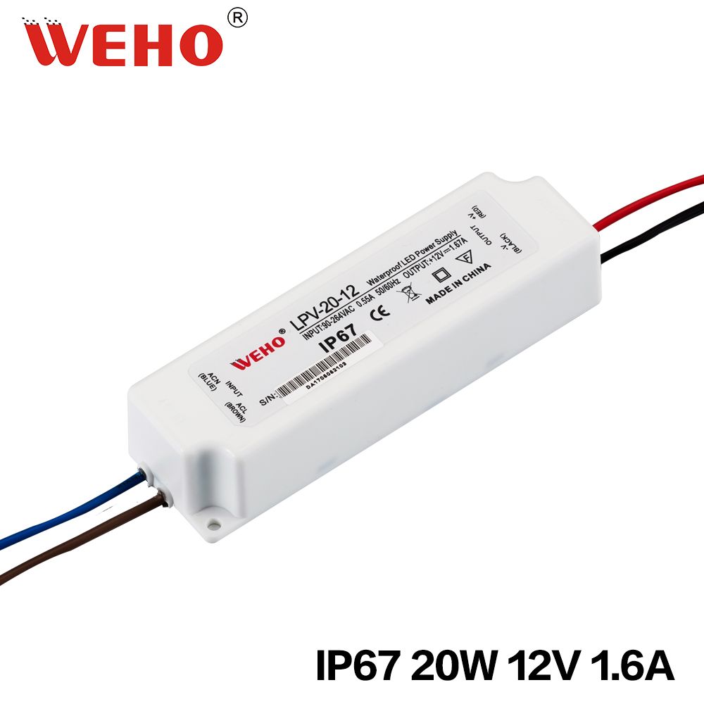 Waterproof IP67 AC to DC 20W 12V Plastic LED Power Supply