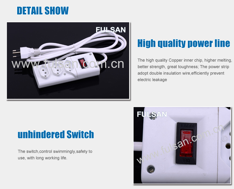 3 Outlet Brazil Standard Electric Power Extension Socket with Switch