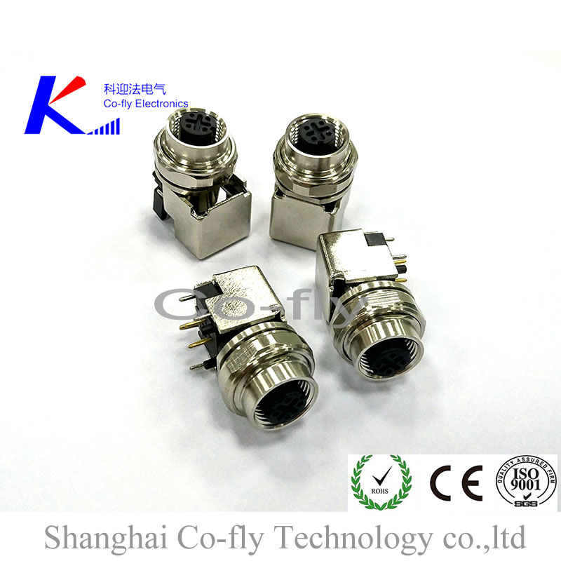 Panel Mount Female Waterproof 3, 4, 5, 8 Pin Angled M12 Plug Connector