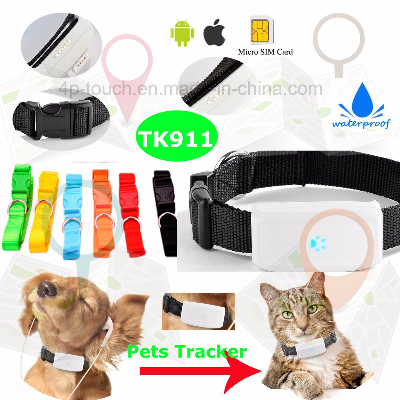Waterproof Dog/Cat Pets GPS Tracker with Remote Voice Monitoring Tk911