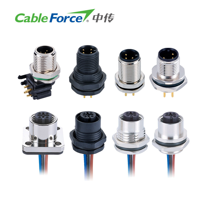 12 Pin M12 Female Panel Mount Rear Fastened Circular Connector for Sensor and Factory Automation with PCB Contacts