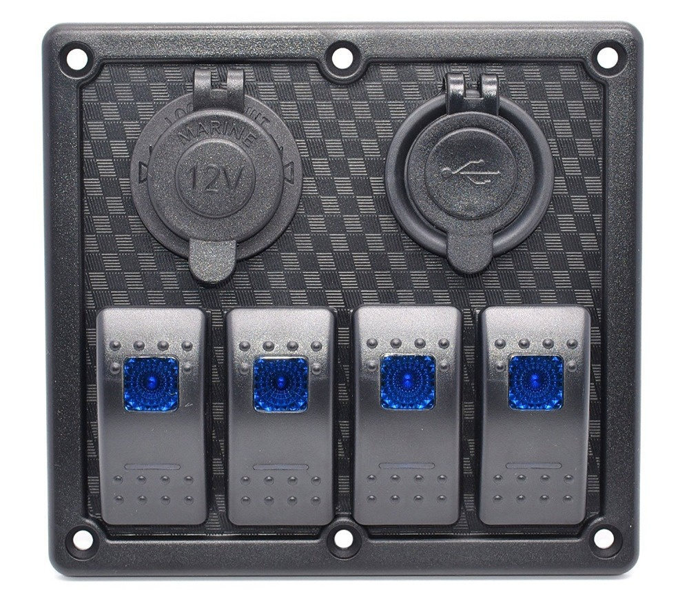 Rocker Switch Panel with Dual USB Charger Socket & 12V Power Outlet for Car Marine Boat RV Camper Trailer